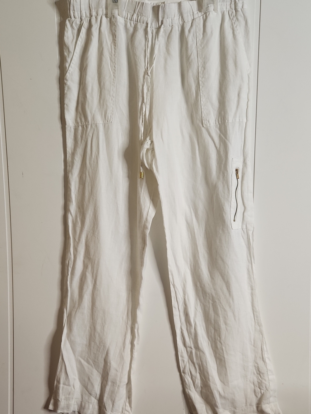Ellen Tracy Womens White High- Waisted Widw Leg Cargo Linen Drawstring Pants